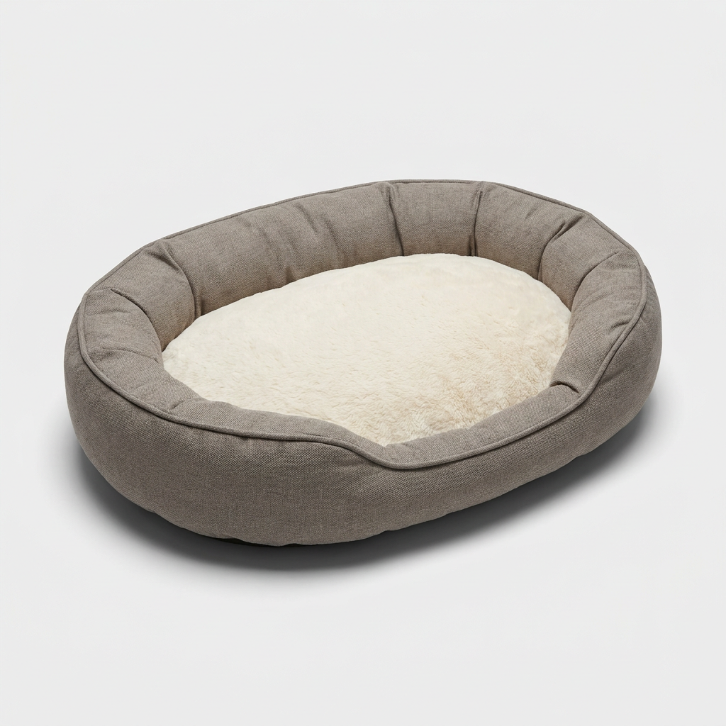 Orthopedic memory foam dog bed with waterproof taupe sides and plush cream cushion