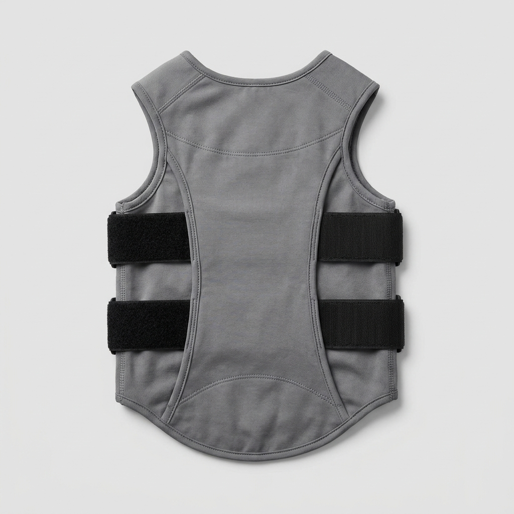 Gray dog calming compression vest with adjustable velcro straps